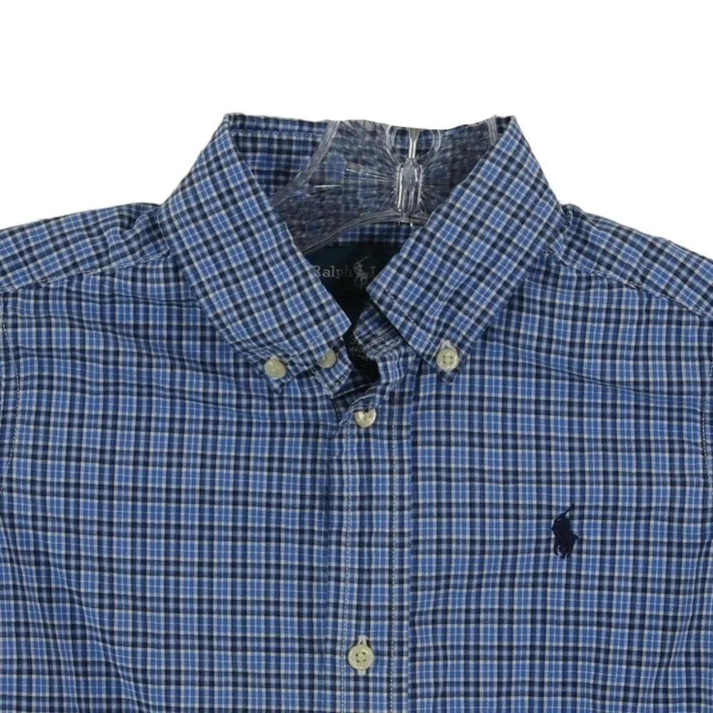 Ralph Lauren Button Down Shirt Boy's Size 3/3T Blue Check Plaid 100% Cotton Pony